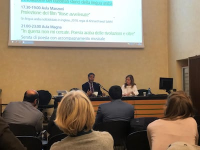 Dr Mohamed Safi Al Mosteghanemi speaks at the language forum in Milan. Courtesy: Wam