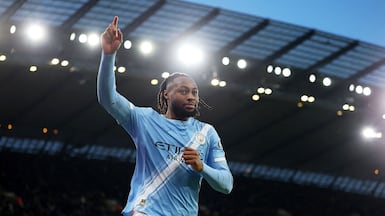 Manchester City's Antoine Semenyo celebrates after scoring against Exeter. Reuters
