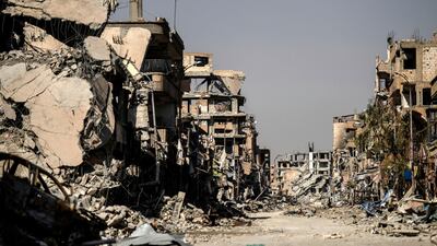 A picture taken on October 21, 2017 shows a general view of heavily damaged buildings in Raqqa, after a Kurdish-led force expelled ISIS from the northern Syrian city. Bulent Kilic / AFP