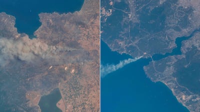 Smoke rises from wildfires in Greece and Turkey, respectively, as the International Space Station passed over them. Photo: Sultan Al Neyadi / Twitter