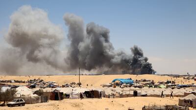 A makeshift camp for displaced Palestinians in Tel Al Sultan, Rafah in the southern Gaza Strip, on May 30. AFP