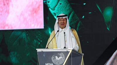 Saudi Energy Minister Prince Abdulaziz bin Salman speaking at the Middle East and North Africa Climate Week this month. AFP