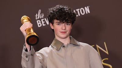 British actor Owen Cooper poses in the press room with his award Best Supporting Actor – Television for "Adolescence" during the 83rd annual Golden Globe Awards at the Beverly Hilton hotel in Beverly Hills, California, on January 11, 2026. (Photo by Etienne Laurent / AFP) / -- IMAGE RESTRICTED TO EDITORIAL USE - STRICTLY NO COMMERCIAL USE --