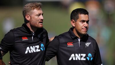 An emotional Ross Taylor during during the national anthem ahead of his last game for New Zealand - the third and final ODI against the Netherlands at Seddon Park in Hamilton on Monday, April 4, 2022. Getty