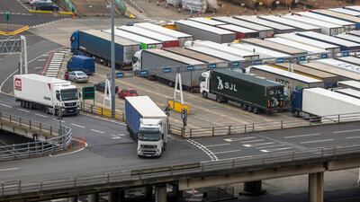 Trucks leave the Port of Dover in England following the Brexit trade deal. Bloomberg.