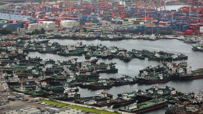 Ships take shelter at a port in Busan, South Korea, 28 August 2024, as Typhoon Shanshan moves northwest toward Japan. EPA / YONHAP SOUTH KOREA OUT