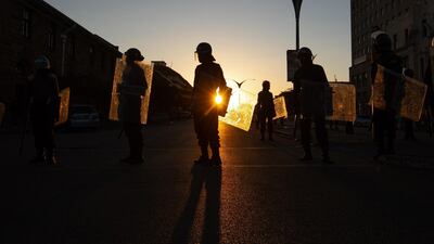Anti-riot police block the entrance to the Magistrates court after the Zimbabwe main opposition party Movement of Democratic Changes (MDC) appeal against the banning or protests was dismissed by a magistrate in Bulawayo, Zimbabwe. Getty Images