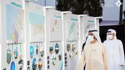 Sheikh Mohammed bin Rashid, Vice President and Ruler of Dubai, and Sheikh Maktoum bin Mohammed, Deputy Ruler of Dubai, at an exhibition of the Dubai 2040 plan. Courtesy: Dubai Media Office
