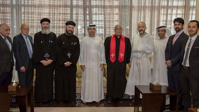 Counsellor Yousef Al Abri, Under-Secretary of the Abu Dhabi Judicial Department, receives a delegation including representatives of the Catholic, Anglican and Coptic churches in Abu Dhabi, at his office. Abu Dhabi Judicial Authority