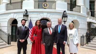 Jordanian King Abdullah II, his wife Queen Rania, and Crown Prince Hussein with US President Joe Biden and Jill Biden. AFP
