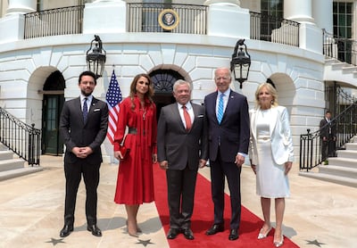 Jordanian King Abdullah, his wife Queen Rania (C-L), Crown Prince Hussein bin Abdullah II (L), US President Joe Biden and Jill Biden (R) in Washington, on July 19. Jordanian Royal Palace / AFP