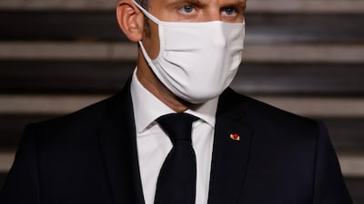 epa08759902 French President Emmanuel Macron delivers a speech at the end of a visit on the fight against separatism at the Seine Saint Denis prefecture headquarters in Bobigny, northeastern suburbs of Paris, France, 20 October 2020. EPA/LUDOVIC MARIN / POOL MAXPPP OUT