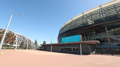 Empty public spaces surrounding Optus Stadium during the round 1 AFL match between the West Coast Eagles and the Melbourne Demons in Perth. Getty Images
