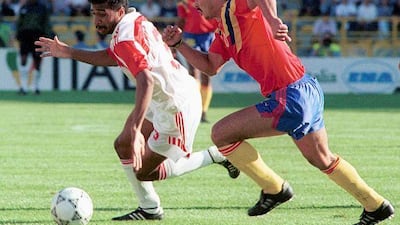 The UAE midfielder Khalid Mubarak, left, fights for the ball with the Colombian defender Andres Escobar during the 1990 World Cup in Italy.