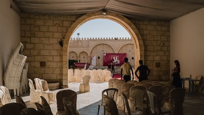 Campaigners set up for a 'No' vote rally in Akouda, on Tunisia's central coast. Erin Clare Brown / The National