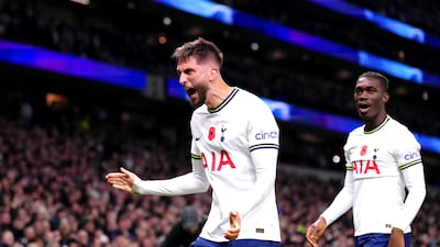 Rodrigo Bentancur celebrates scoring Tottenham's fourth goal in the 4-3 victory against Leeds at the Tottenham Hotspur Stadium on November 12, 2022. PA