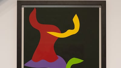 Part of the smaller works in this exhibition, the collages are created out of craft paper with flamboyant colours cut in different shapes. Pictured: BLK-V