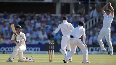 Australia's Brad Haddin, left, watches England's Jonathan Trott, right, catch him out during day 2 of the second Ashes Test at Lord's cricket ground in London, Friday, July 19, 2013. (AP Photo/Sang Tan) *** Local Caption *** Britain Cricket England Australia.JPEG-0e373.jpg