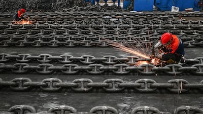 Ship anchor chains being made at Zhongyun Marine Equipment in Suqian, in eastern China's Jiangsu province. AFP