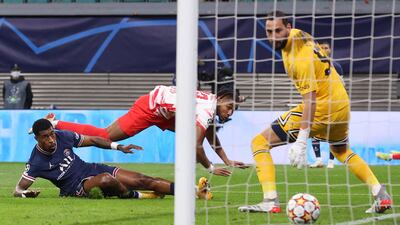 Christopher Nkunku 8: Brilliant diving header to put Leipzig in front with his fifth Champions League goal of campaign. Blazed another chance over bar when well placed. Saw header easily saved by Donnarumma in last 10 minutes. AFP