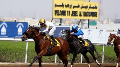 Majestic Thunder ridden by Tadhg O'Shea wins the Shadwell race on race day at Jebel Ali. Chris Whiteoak / The National