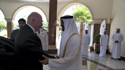 Sheikh Mohammed bin Zayed, Crown Prince of Abu Dhabi and Deputy Supreme Commander of the UAE Armed Forces receives General Sir Peter Cosgrove, Governor-General of Australia at Mushrif Palace. Hamad Al Kaabi / Crown Prince Court - Abu Dhabi