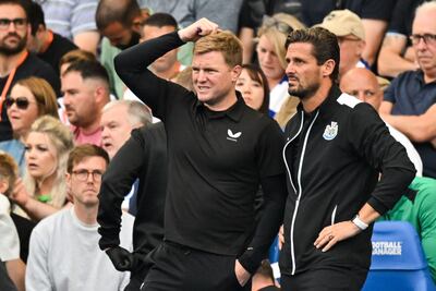 Newcastle manager Eddie Howe, left, alongside his assistant Jason Tindall during the 3-1 defeat at Brighton. AFP