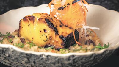 Chilean sea bass with risotto-style sushi rice at Vakava Abu Dhabi