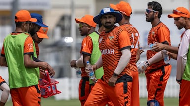 Muhammad Waseem, centre, in action for Fujairah at the ICC Academy, Dubai Sports City. Antonie Robertson/The National