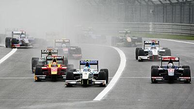 The GP2 grid charge for the first corner at the Nurburgring yesterday during the sprint race. At the end of the current GP2 season the series will merge with the GP2 Asia series with more races outside of Europe planned.