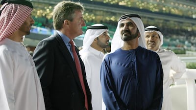 Sheikh Mohammed bin Rashid Al Maktoum the Prime Minister and Vice President of the UAE, and Ruler of Dubai, alongside Godolphin Bloodstock Adviser John Ferguson, who said he is "very proud to be a part" of Godolphin's operation. Randi Sokoloff / The National