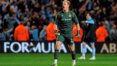 Manchester City's Joe Hart celebrates after the win over United.