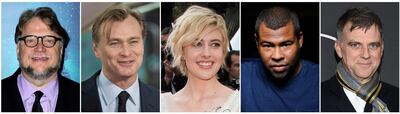 This combination photo shows, from left, Guillermo del Toro, Christopher Nolan, Greta Gerwig, Jordan Peele and Paul Thomas Anderson. AP Photo