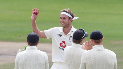 England's Stuart Broad celebrates taking his 500th Test wicket with teammates after dismissing West Indies' Kraigg Brathwaite. Reuters