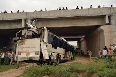 The remains of a bus that crashed on the Delhi-Agra expressway, near Agra on July 8, 2019. AFP