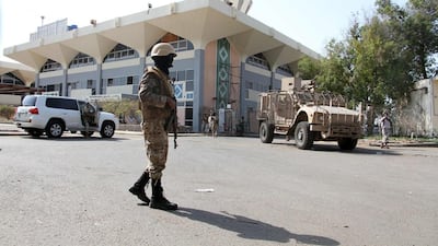 Yemeni security forces guard Aden’s airport on the arrival of prime minister Ahmed bin Dagher and seven ministers from Riyadh on September 22, 2016. Saleh Al Obeidi / AFP