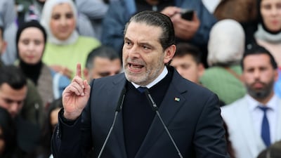 Former Lebanese prime minister Saad Hariri speaks to his supporters in Beirut on the 21st anniversary of the assassination of his father Rafic. EPA