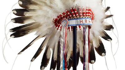 A First Nations feather headdress presented to Prince Philip by Jim Shot Both Sides, head chief of the Blood Reserve, during a Commonwealth visit to Canada in 1973. Courtesy Royal Collection Trust