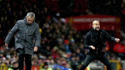 Manchester City manager Pep Guardiola, right, will celebrate after upstaging rival, Manchester United's Jose Mourinho. Nigel Roddis / EPA