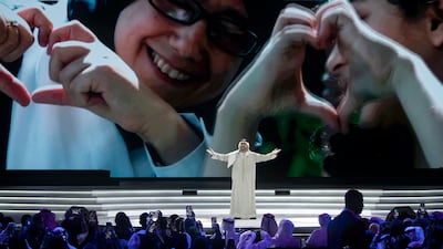 Emirati musician Hussain Al Jassmi performs at the Arab Hope Makers ceremony, at the Coca Cola Arena