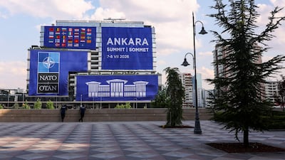 Banners displaying logos and flags in Ankara. Reuters