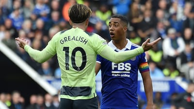 Manchester City's Jack Grealish argues with Leicester's Youri Tielemans. AP
