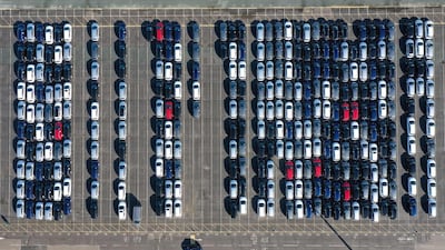 Cars parked up after coming off the production line at the Vauxhall manufacturing plant at Ellesmere Port in north west England . The slump in Britain's car production was the worst January performance since 2009. AFP