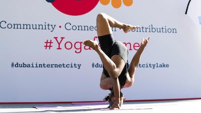 A yogi on stage at YOGAFEST held in Dubai Internet City. All photos by Reem Mohammed / The National