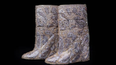 Diamond-encrusted boots on display at the MAS Museum in Antwerp. The boots, made from 40,000 diamonds, whose value is estimated to be $3.2 million was designed by Belgian fashion label AF Vandevorst. Courtesy AF Vandevorst