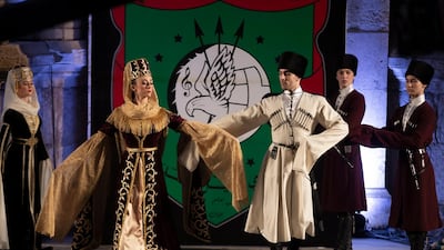 Circassian dancers from Al-Jeel Al-Jadeed Club (the New Generation Club) perform during the 2019 Jerash Festival of Culture and Arts at the Jerash archeological site, Jerash, some 46 km North of Amman, Jordan. EPA