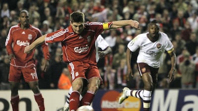 Liverpool v Arsenal 2007-08. Liverpool won 5-3 on aggregate. After a 1-1 draw in the first leg of the quarter-final tie at the Emirates Stadium the tie came alive in a thriller at Anfield. When Emmanuel Adebayor scored with six minutes remaining to make it 2-2, Arsenal were going through on away goals. But Liverpool hit back as Steven Gerrard's penalty and a Ryan Babel won them the tie. Clive Brunskill / Getty Images