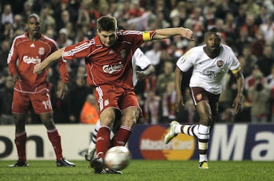 Steven Gerrard scores for Liverpool in 2008. Getty