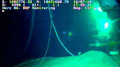 The new containment capping stack, right, is pictured in this image captured from a BP live video yesterday.