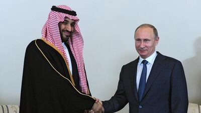 Russian president Vladimir Putin shakes hands with Saudi Deputy Crown Prince Mohammad bin Salman Al Saud at the Konstantin Palace in Saint Petersburg, Russia, on June 18, 2015. EPA/Mikhail Klimentyev/Ria Novosti/Kremlin Pool